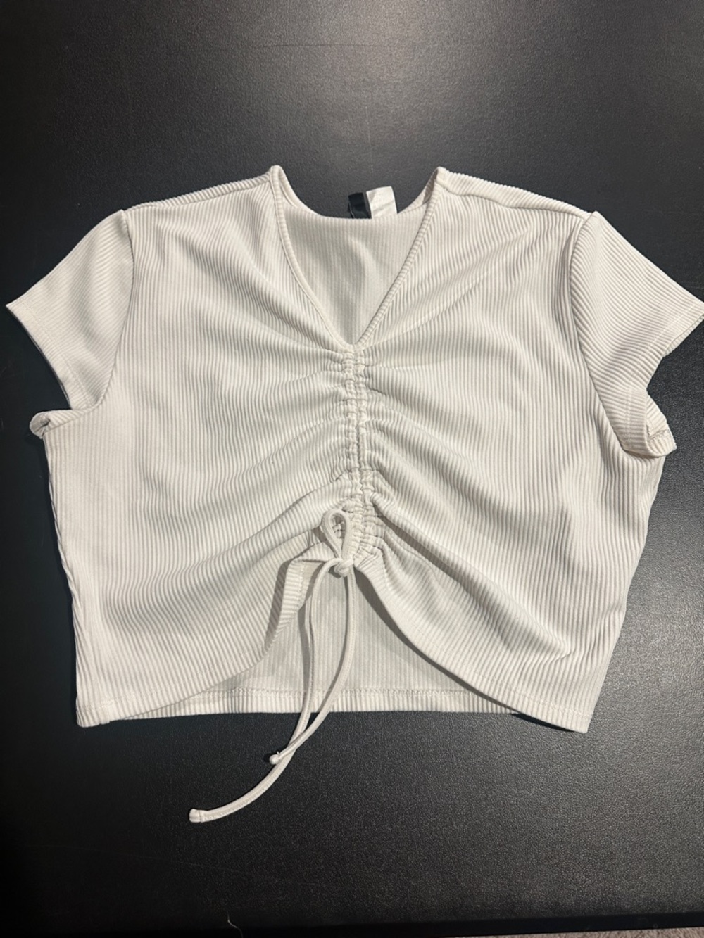 Divided White Ribbed Ruched Drawstring Crop Top